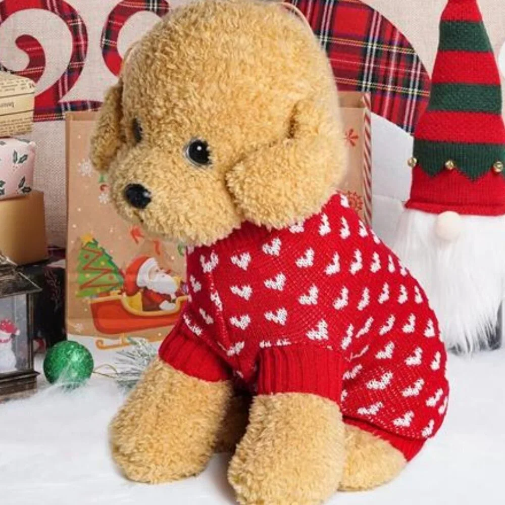 Red Dog & Cat Sweater Knitted Heart Puppy Pullover Warm Soft Holidays Clothes